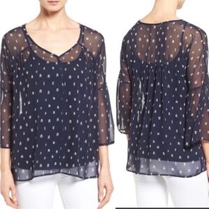Pleione 3/4 Bell Sleeve Navy Ink Stone Sheer Arrow Blouse, size L